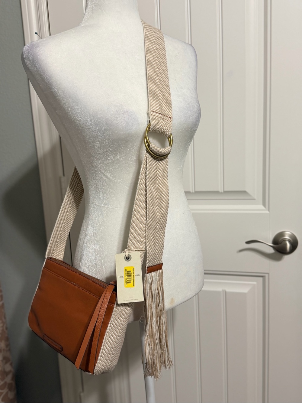 Lucky Brand Tan/Brown Genuine Leather Crossbody with Wide Woven Fringe Strap